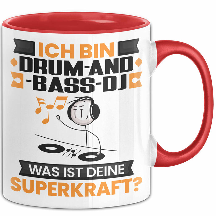 Drum-and-Bass-DJ Tasse Geschenk für Drum-and-Bass-DJ Geburtstag Lustiger Spruch Kaffee-Becher Was Ist Deine Superkraft Rot Trendation