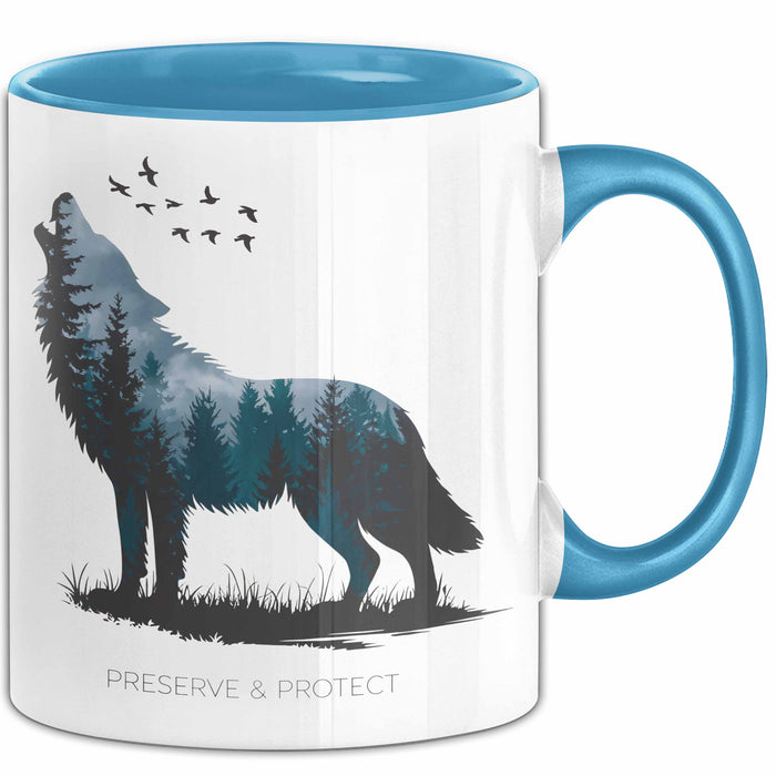 Klimaschutz Tasse Geschenk Erhalten Schützen Wolf Tiermotiv Blau Trendation