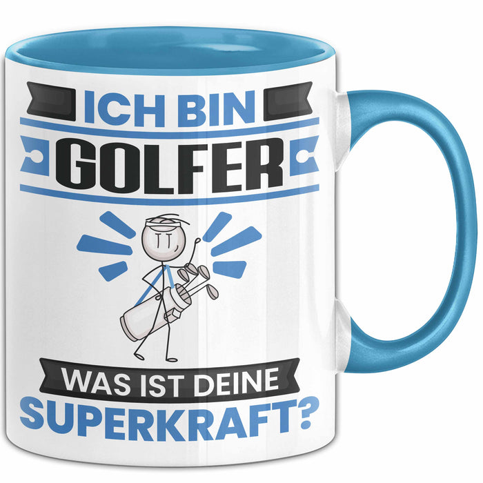 Golfer Tasse Geschenk für Golfer Geburtstag Lustiger Spruch Kaffee-Becher Was Ist Deine Superkraft Blau Trendation
