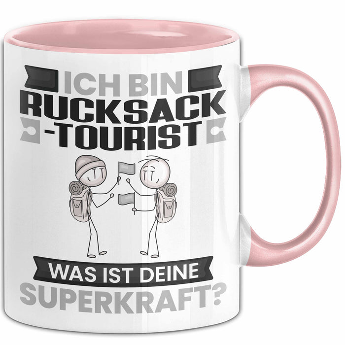 Rucksacktourist Tasse Geschenk für Rucksacktourist Geburtstag Lustiger Spruch Kaffee-Becher Was Ist Deine Superkraft Rosa Trendation