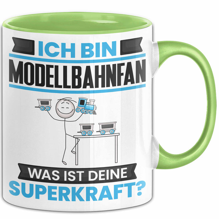 Modellbahnfan Tasse Geschenk für Modellbahnfan Geburtstag Lustiger Spruch Kaffee-Becher Was Ist Deine Superkraft Grün Trendation
