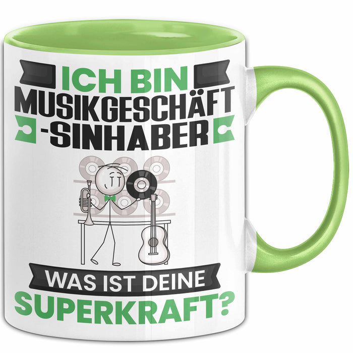 Musikgeschäftsinhaber Tasse Geschenk für Musikgeschäftsinhaber Geburtstag Lustiger Spruch Kaffee-Becher Was Ist Deine Superkraft Grün Trendation
