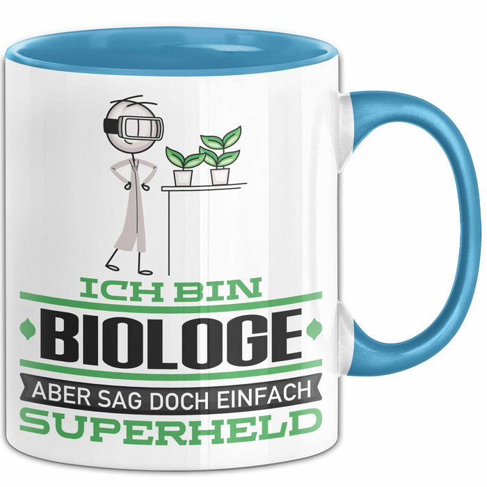 Biologe Geschenk Tasse Ich Bin Biologe Aber Sag Doch Einfach Superheld Lustige Geschenkdiee für Biologe Kaffee-Becher Blau Trendation