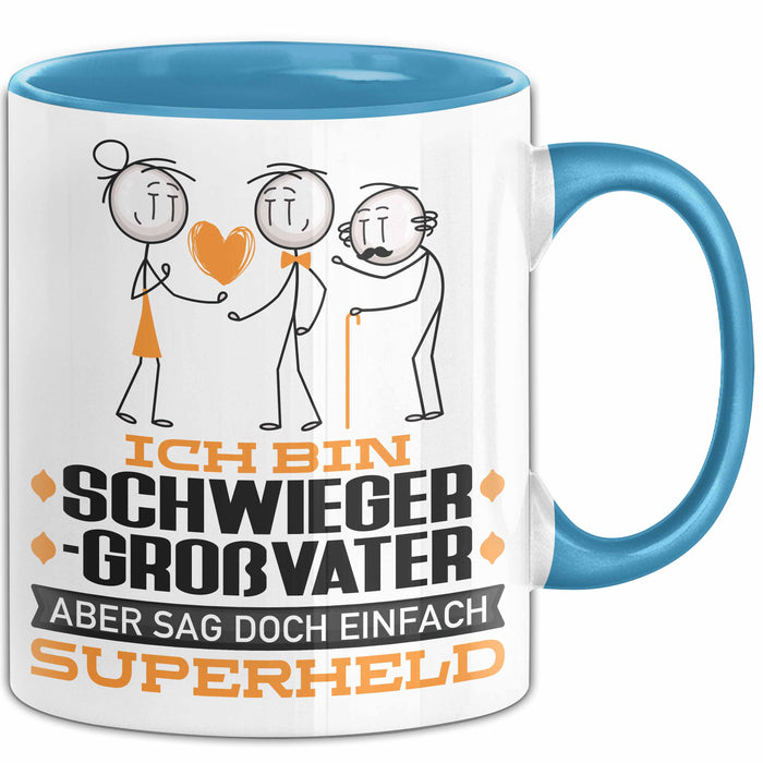 Schwiegergroßvater Geschenk Tasse Ich Bin Schwiegergroßvater Aber Sag Doch Einfach Superheld Lustige Geschenkdiee für Schwiegergroßvater Kaffee-Becher Blau Trendation