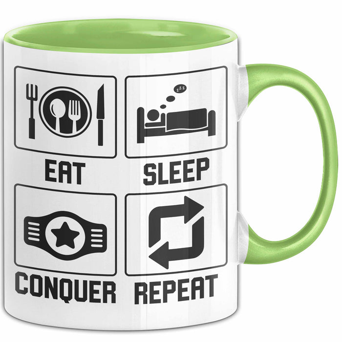 Gamer Tasse Geschenk Eat Sleep Conquer Repeat Geschenkidee Becher Grün Trendation