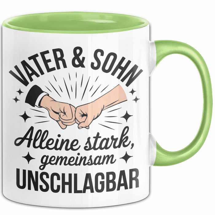 Papa Vatertag Vater Sohn Tasse Becher Geschenk Lustige Geschenkidee Spruch Vater & Sohn Alleine Stark Gemeinsam Unschlagbar Grün Trendation