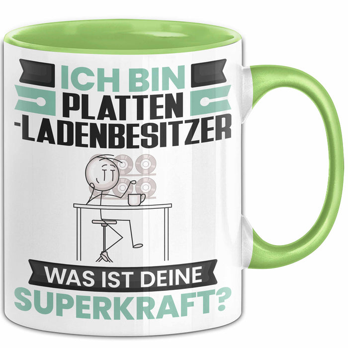 Plattenladenbesitzer Tasse Geschenk für Plattenladenbesitzer Geburtstag Lustiger Spruch Kaffee-Becher Was Ist Deine Superkraft Grün Trendation