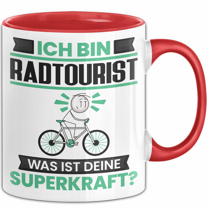 Radtourist Tasse Geschenk für Radtourist Geburtstag Lustiger Spruch Kaffee-Becher Was Ist Deine Superkraft Rot Trendation