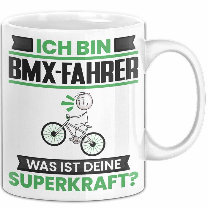BMX-Fahrer Tasse Geschenk für BMX-Fahrer Geburtstag Lustiger Spruch Kaffee-Becher Was Ist Deine Superkraft Weiß Trendation