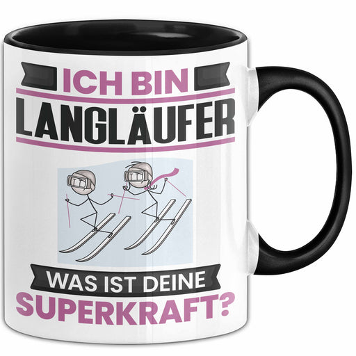 Langläufer Tasse Geschenk für Langläufer Geburtstag Lustiger Spruch Kaffee-Becher Was Ist Deine Superkraft Schwarz Trendation