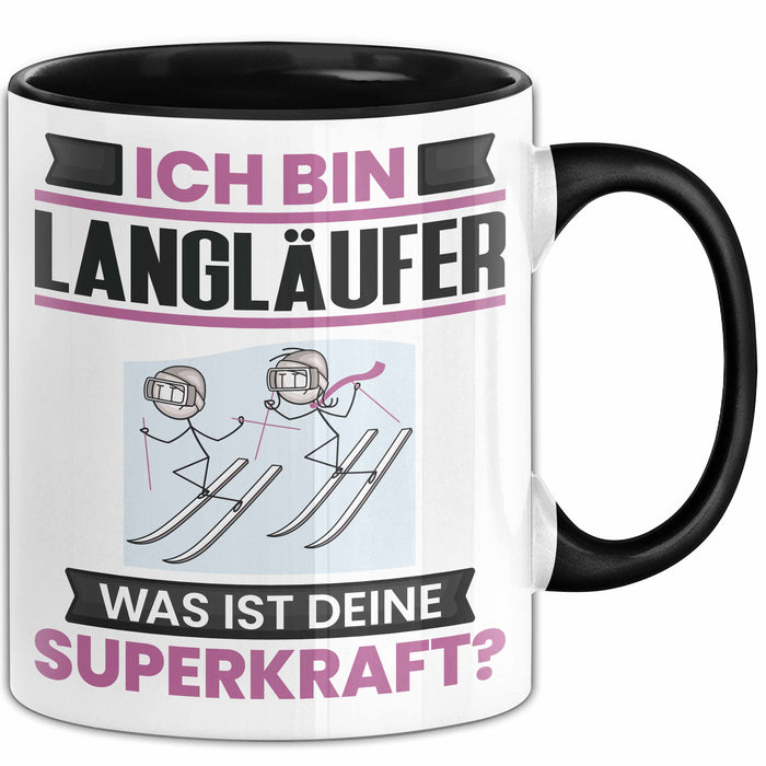 Langläufer Tasse Geschenk für Langläufer Geburtstag Lustiger Spruch Kaffee-Becher Was Ist Deine Superkraft Schwarz Trendation