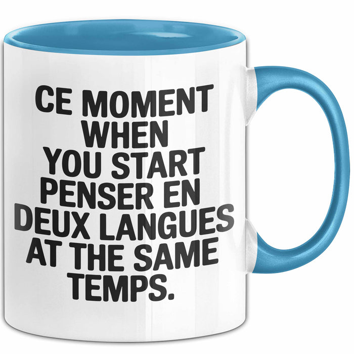 Französischlehrer Unterricht Tasse Geschenk Lustige Geschenkidee Spruch Penser En Deux Langues At The Same Temps Blau Trendation