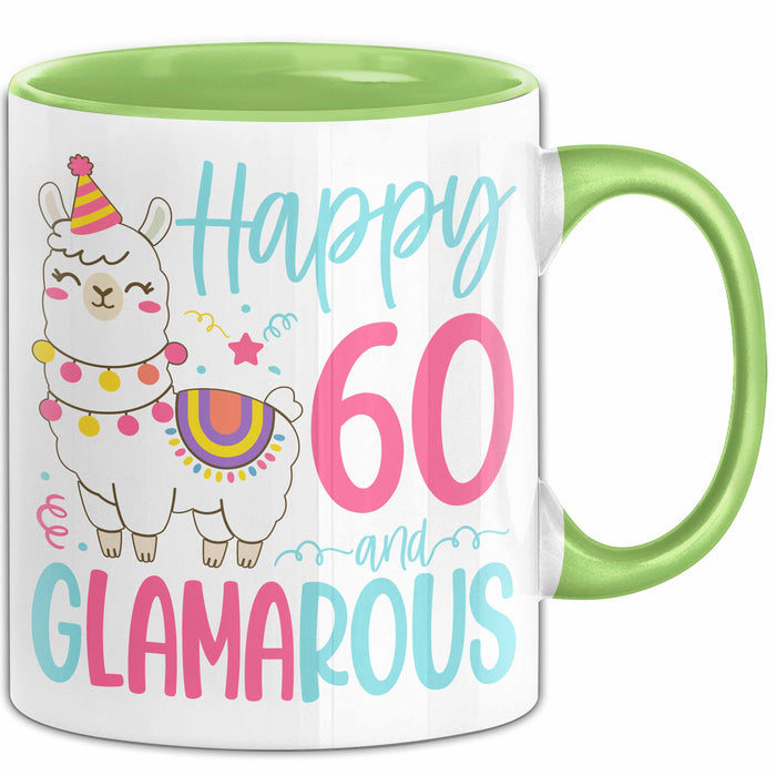 60er Geburtstag Tasse Geschenk Happy 60 And Glamarous Llama Alpaka Liebhaber Geschenkidee zum Geburtstag Grün Trendation