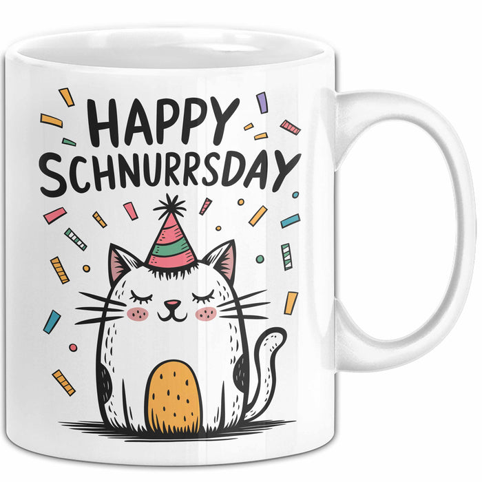 Geburtstagsfeier Katze Tasse Geschenk Lustige Geschenkidee Spruch Happy Schnurrsday Weiß Trendation