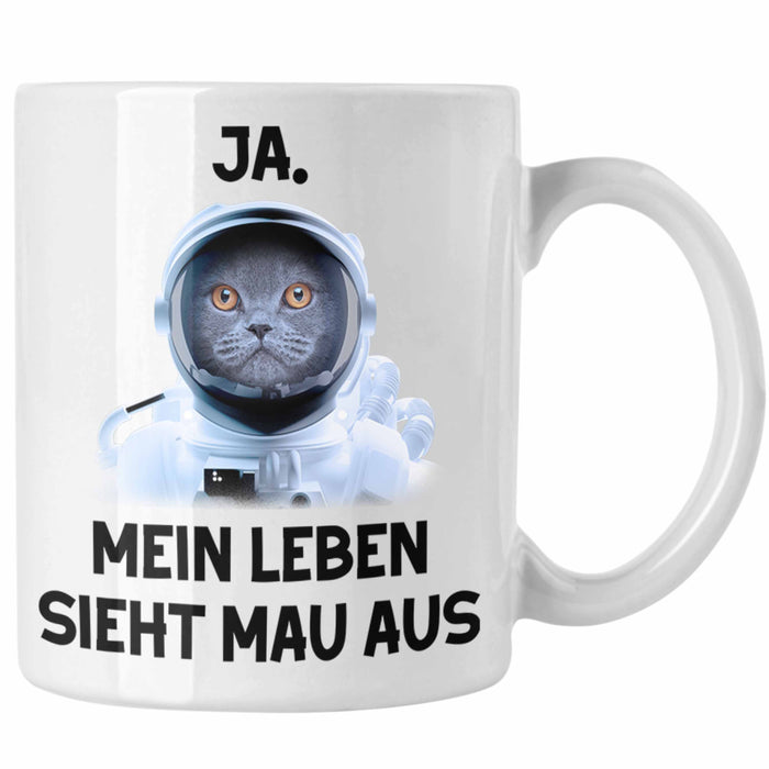 Dank Meme Tasse Katzen Besitzer Wortspiel Ja Mein Leben Sieht Mau Aus Traurige Katze Geschenkidee Süße Katze Astronaut Weiß Trendation