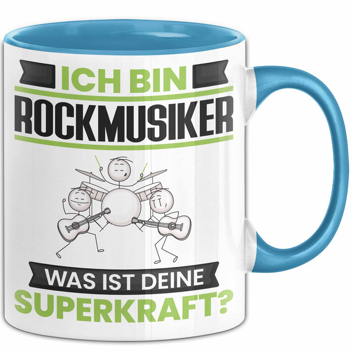 Rockmusiker Tasse Geschenk für Rockmusiker Geburtstag Lustiger Spruch Kaffee-Becher Was Ist Deine Superkraft Blau Trendation