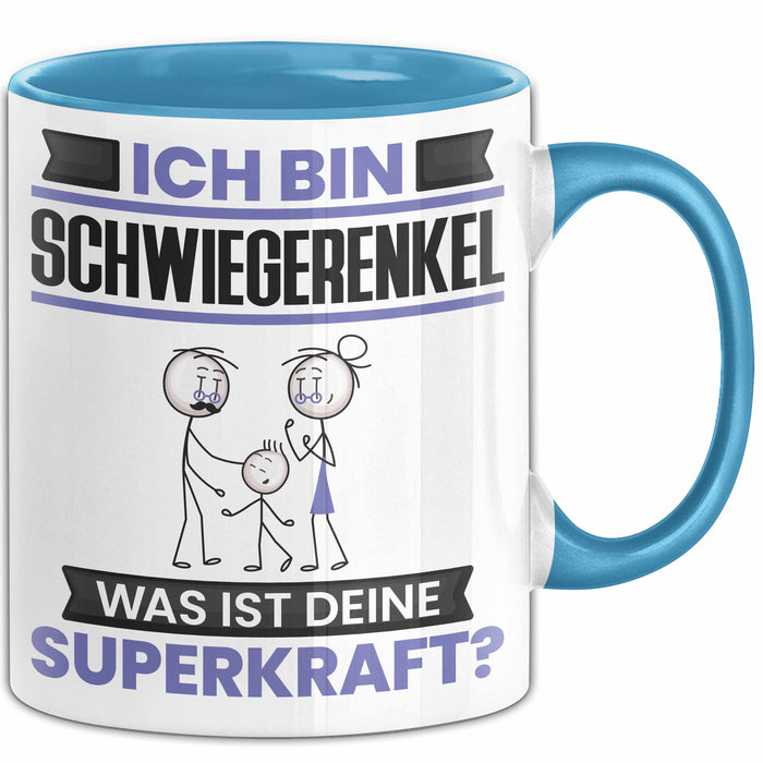 Schwiegerenkel Tasse Geschenk für Schwiegerenkel Geburtstag Lustiger Spruch Kaffee-Becher Was Ist Deine Superkraft Blau Trendation