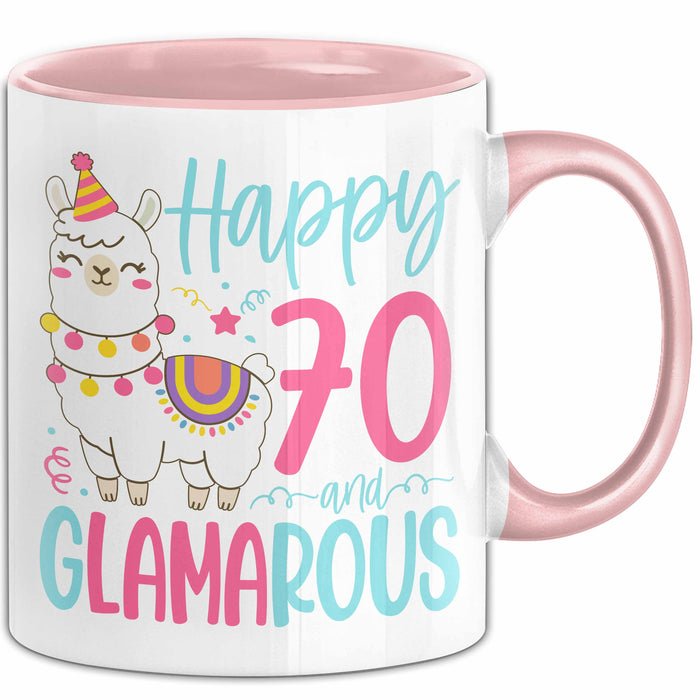 70er Geburtstag Tasse Geschenk Happy 70 And Glamarous Llama Alpaka Liebhaber Geschenkidee zum Geburtstag Rosa Trendation