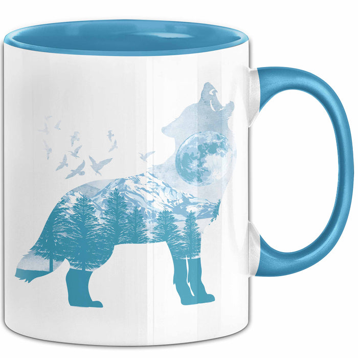 Wolf Tasse Geschenk Heulender Wolf Vögel Mond Silhouetten Geschenkidee Lustig Blau Trendation