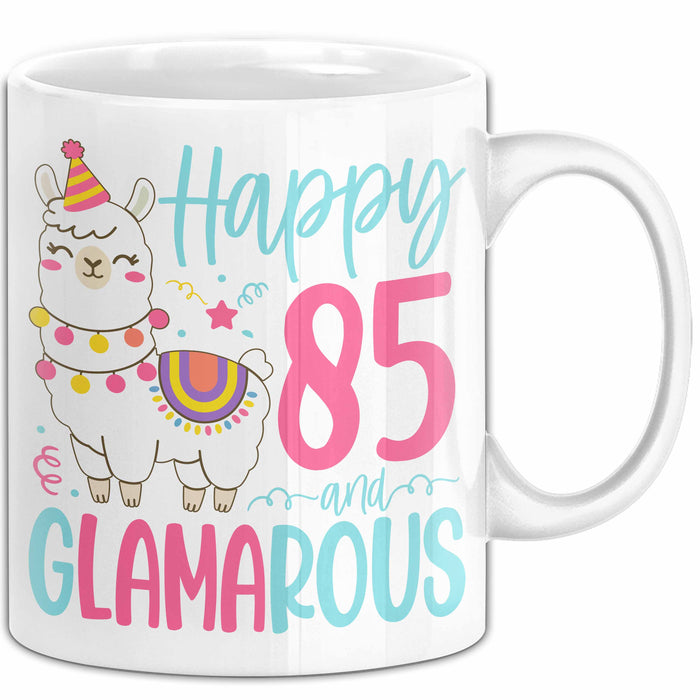 85er Geburtstag Tasse Geschenk Happy 85 And Glamarous Llama Alpaka Liebhaber Geschenkidee zum Geburtstag Weiß Trendation