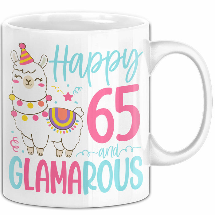 65er Geburtstag Tasse Geschenk Happy 65 And Glamarous Llama Alpaka Liebhaber Geschenkidee zum Geburtstag Weiß Trendation