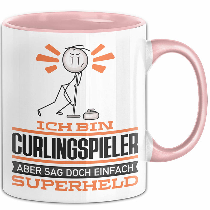 Curlingspieler Geschenk Tasse Ich Bin Curlingspieler Aber Sag Doch Einfach Superheld Lustige Geschenkdiee für Curlingspieler Kaffee-Becher Rosa Trendation