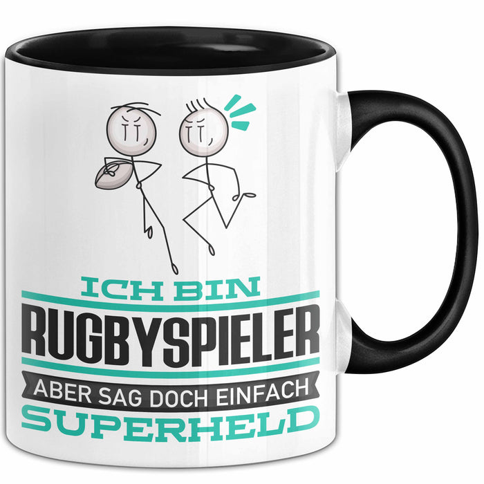Rugbyspieler Geschenk Tasse Ich Bin Rugbyspieler Aber Sag Doch Einfach Superheld Lustige Geschenkdiee für Rugbyspieler Kaffee-Becher Schwarz Trendation