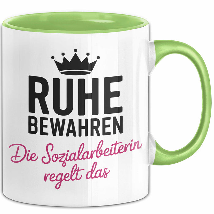 Sozialarbeiter Tasse Geschenk Lustige Geschenkidee Spruch Ruhe Bewahren Die Sozial Arbeiterin Regelt Das Grün Trendation