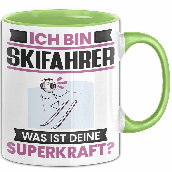 Skifahrer Tasse Geschenk für Skifahrer Geburtstag Lustiger Spruch Kaffee-Becher Was Ist Deine Superkraft Grün Trendation