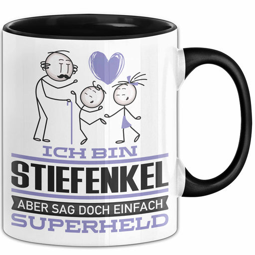 Stiefenkel Geschenk Tasse Ich Bin Stiefenkel Aber Sag Doch Einfach Superheld Lustige Geschenkdiee für Stiefenkel Kaffee-Becher Schwarz Trendation