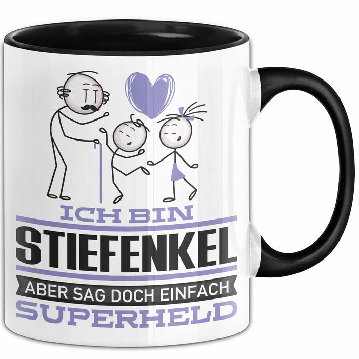 Stiefenkel Geschenk Tasse Ich Bin Stiefenkel Aber Sag Doch Einfach Superheld Lustige Geschenkdiee für Stiefenkel Kaffee-Becher Schwarz Trendation