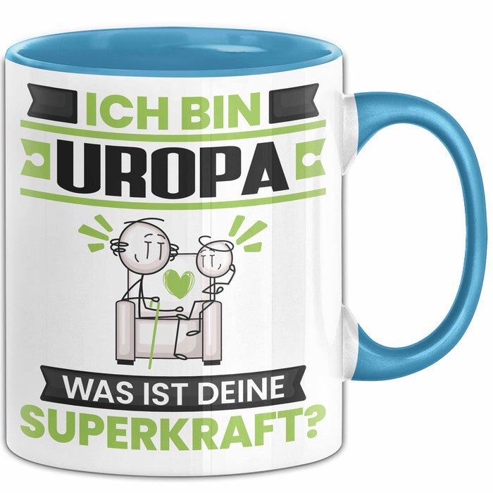 Uropa Tasse Geschenk für Uropa Geburtstag Lustiger Spruch Kaffee-Becher Was Ist Deine Superkraft Blau Trendation
