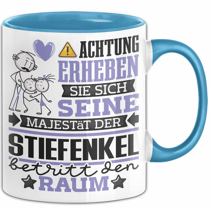 Stiefenkel Geschenk Tasse Lustiger Spruch Erheben Sie Sich Der Stiefenkel Betritt den Raum Blau Trendation