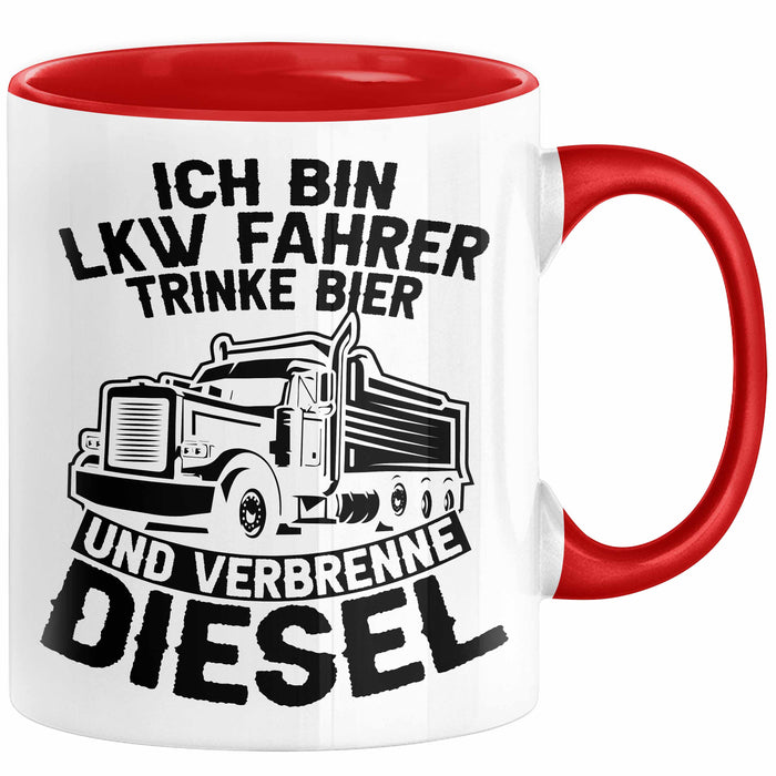 LKW Fahrer Tasse Geschenk Ich Bin LKW Fahrer Trinke Bier und Verbrenne Diesel Humor Geschenkidee Kaffee-Becher Rot Trendation