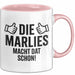 Marlies Tasse Geschenk Die Marlies Macht Dat Schon Geschenkidee Becher mit Name Rosa Trendation