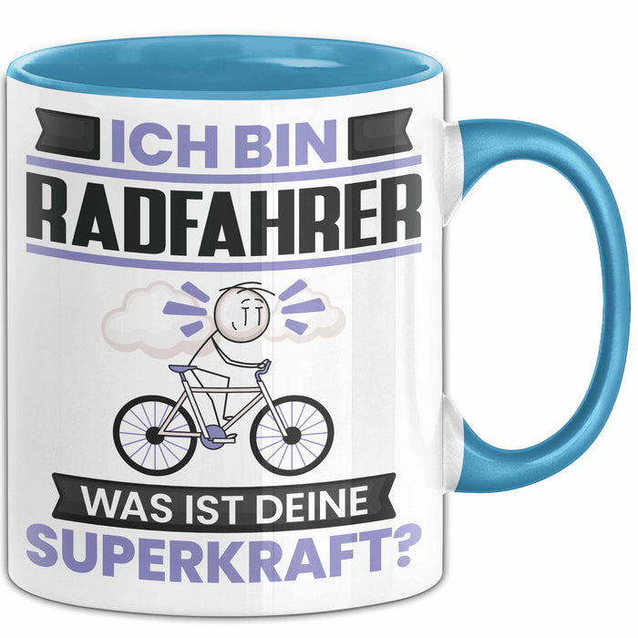 Radfahrer Tasse Geschenk für Radfahrer Geburtstag Lustiger Spruch Kaffee-Becher Was Ist Deine Superkraft Blau Trendation