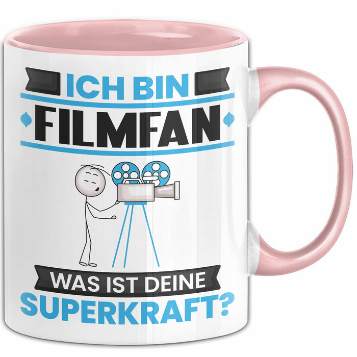 Filmfan Tasse Geschenk für Filmfan Geburtstag Lustiger Spruch Kaffee-Becher Was Ist Deine Superkraft Rosa Trendation