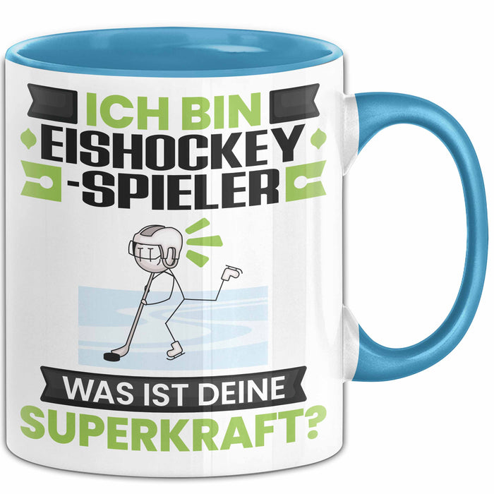 Eishockeyspieler Tasse Geschenk für Eishockeyspieler Geburtstag Lustiger Spruch Kaffee-Becher Was Ist Deine Superkraft Blau Trendation
