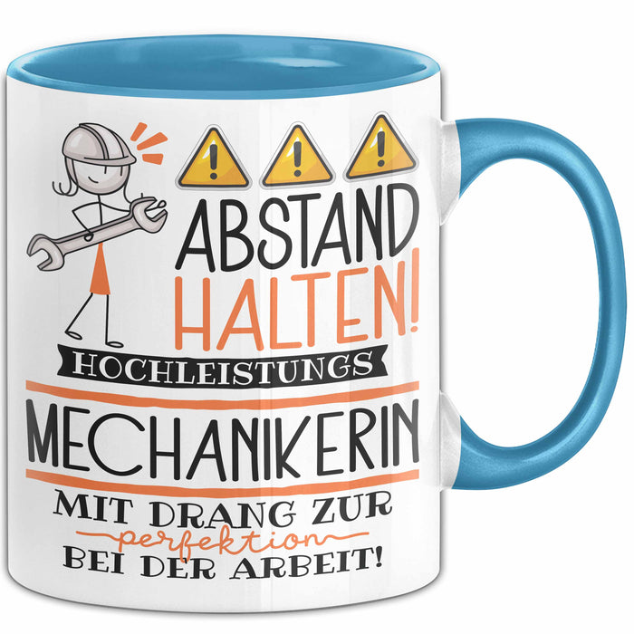 Mechanikerin Tasse Geschenk Lustig Abstand Halten Hochleistungs-Mechanikerin Mit Drang Zur Perfektion Bei Der Arbeit Blau Trendation