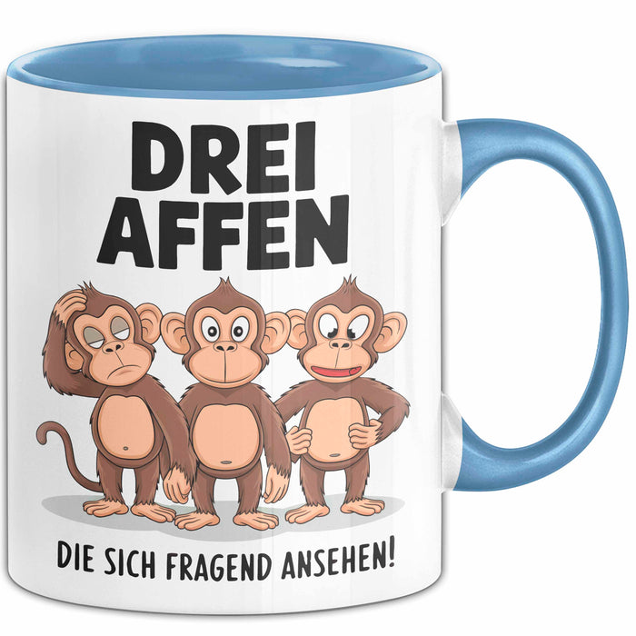 Affe Tier Tasse Geschenk Lustige Geschenkidee Spruch 3 affen Die Sich Fragend Ansehen Blau Trendation