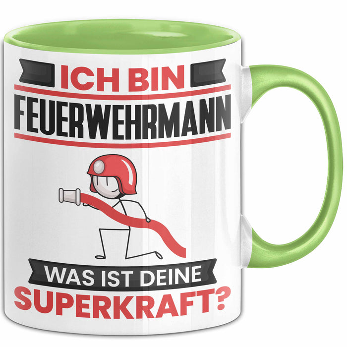 Feuerwehrmann Tasse Geschenk für Feuerwehrmann Geburtstag Lustiger Spruch Kaffee-Becher Was Ist Deine Superkraft Grün Trendation