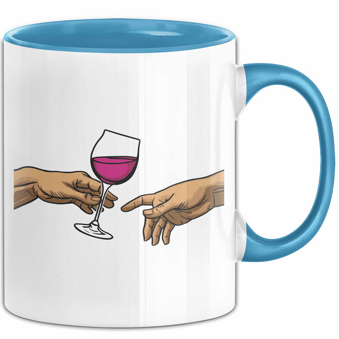 Weinliebhaber Tasse Geschenk Erschaffung Von Adam Kunst Geschenkidee 2 Hände Finger Rotwein Wein Liebhaber Blau Trendation