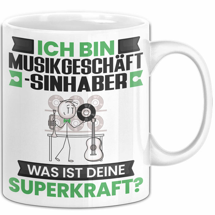Musikgeschäftsinhaber Tasse Geschenk für Musikgeschäftsinhaber Geburtstag Lustiger Spruch Kaffee-Becher Was Ist Deine Superkraft Weiß Trendation