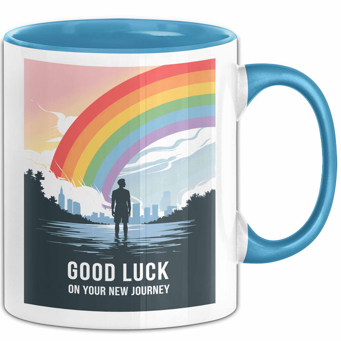 Büroarbeit Kollege Abschied Tasse Geschenk Lustige Geschenkidee Spruch Viel Glück Auf Deiner Neuen Reise Blau Trendation