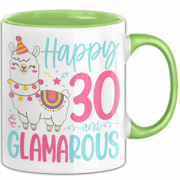 30er Geburtstag Tasse Geschenk Happy 30 And Glamarous Llama Alpaka Liebhaber Geschenkidee zum Geburtstag Grün Trendation