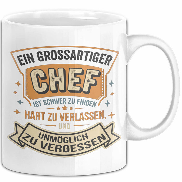 Büroarbeit Kollege Chef Tasse Geschenk Lustige Geschenkidee Spruch Ein Grossartiger Chef Ist Schwer Zu Finden Weiß Trendation