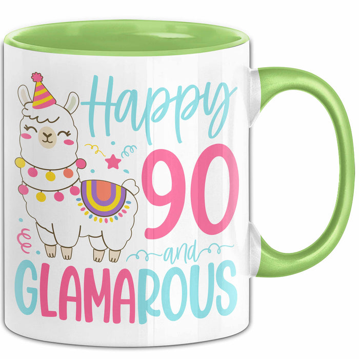 90er Geburtstag Tasse Geschenk Happy 90 And Glamarous Llama Alpaka Liebhaber Geschenkidee zum Geburtstag Grün Trendation
