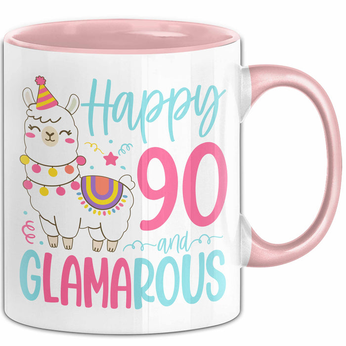 90er Geburtstag Tasse Geschenk Happy 90 And Glamarous Llama Alpaka Liebhaber Geschenkidee zum Geburtstag Rosa Trendation