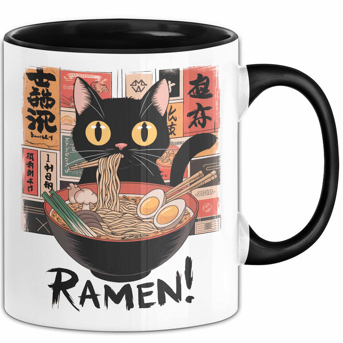 Katzen Tierliebhaber Tasse Geschenk Lustige Geschenkidee Spruch Katze Isst Ramen Nudeln Schwarz Trendation