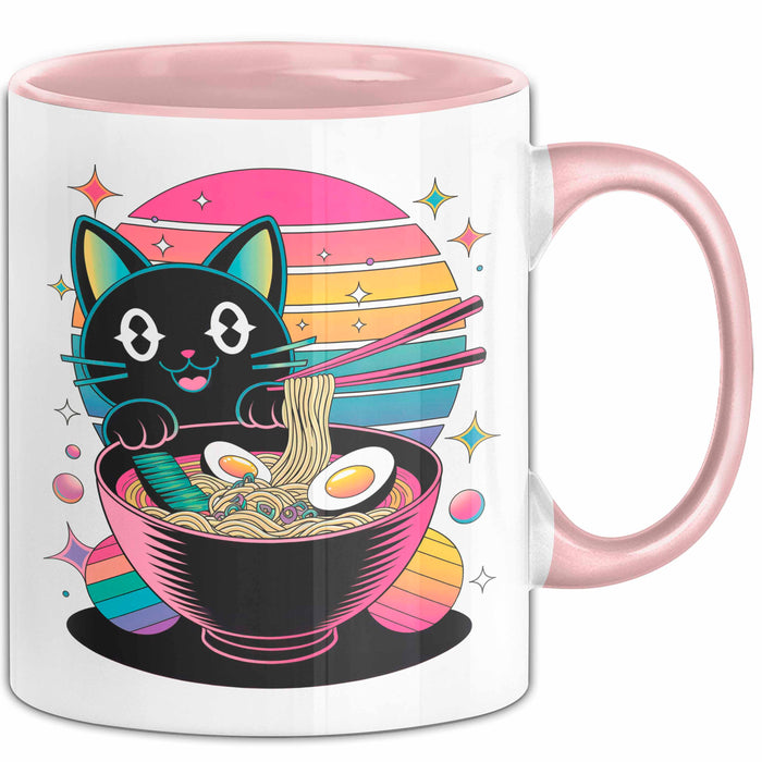 Katzen Tierliebhaber Tasse Geschenk Lustige Geschenkidee Spruch Katze Isst Ramen Nudeln Rosa Trendation